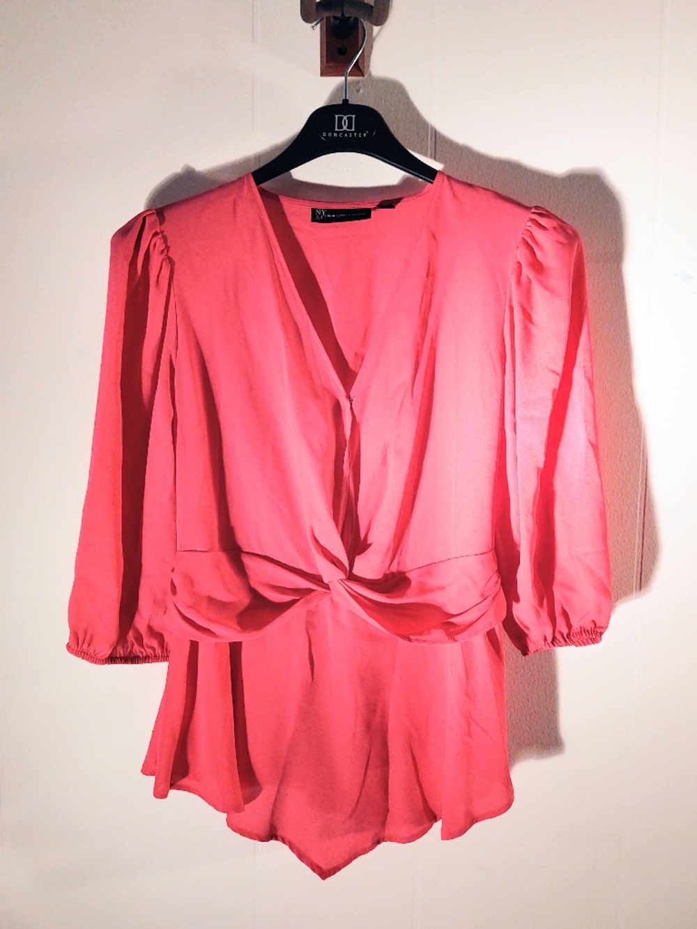 NWOT NY&C Medium Hot Pink 3/4 Sleeve V Neck Semi Sheer Draped Waist Detail